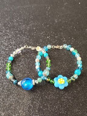 Blue & Green Lamp work Center w/ Various Beaded Bracelet Pair
